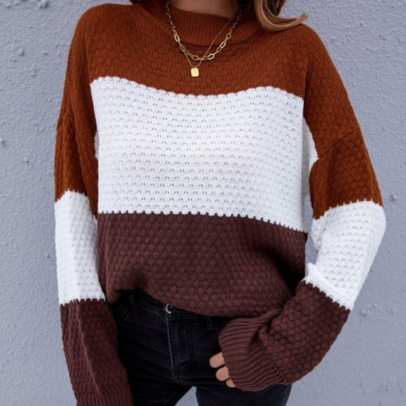 Sweaters - Boho rust Brown Oversized Color Block Knit Sweater